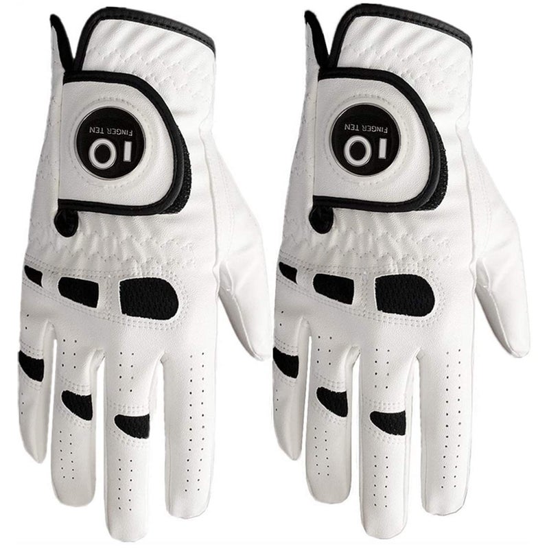 FINGER TEN Mens Golf Glove Left Hand Right with Ball Marker Value 2 Pack  Weathersof Grip Soft Comfortable  Fit Size Small Medium ML Large XL (Medium  Worn on Right Hand) - Image 1